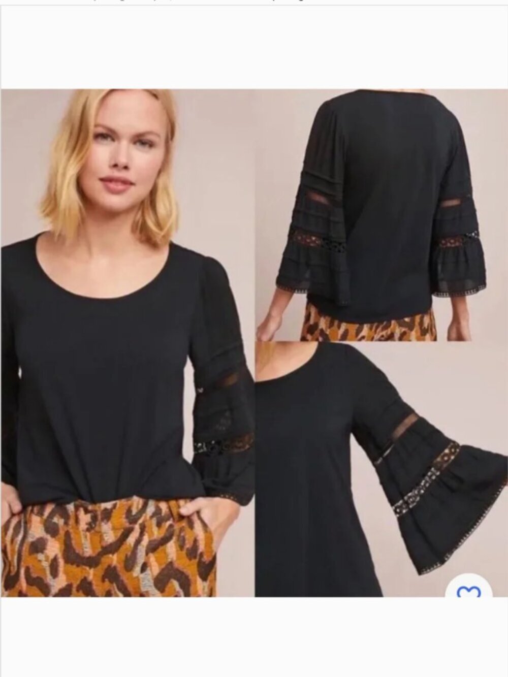 Anthropologie One September Eyelet Detail Bell Sleeve Blouse Size XS